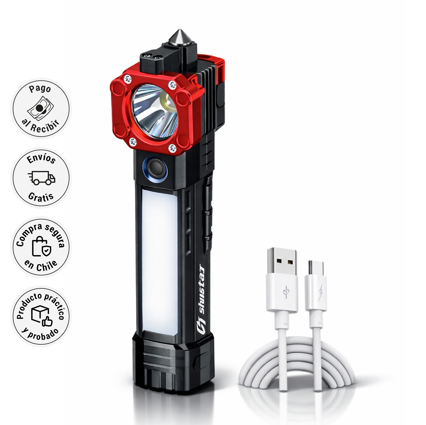 Linterna Multifuncional 4 en 1 Recargable - Iluminación potente y seguridad inmediata para cualquier situación.