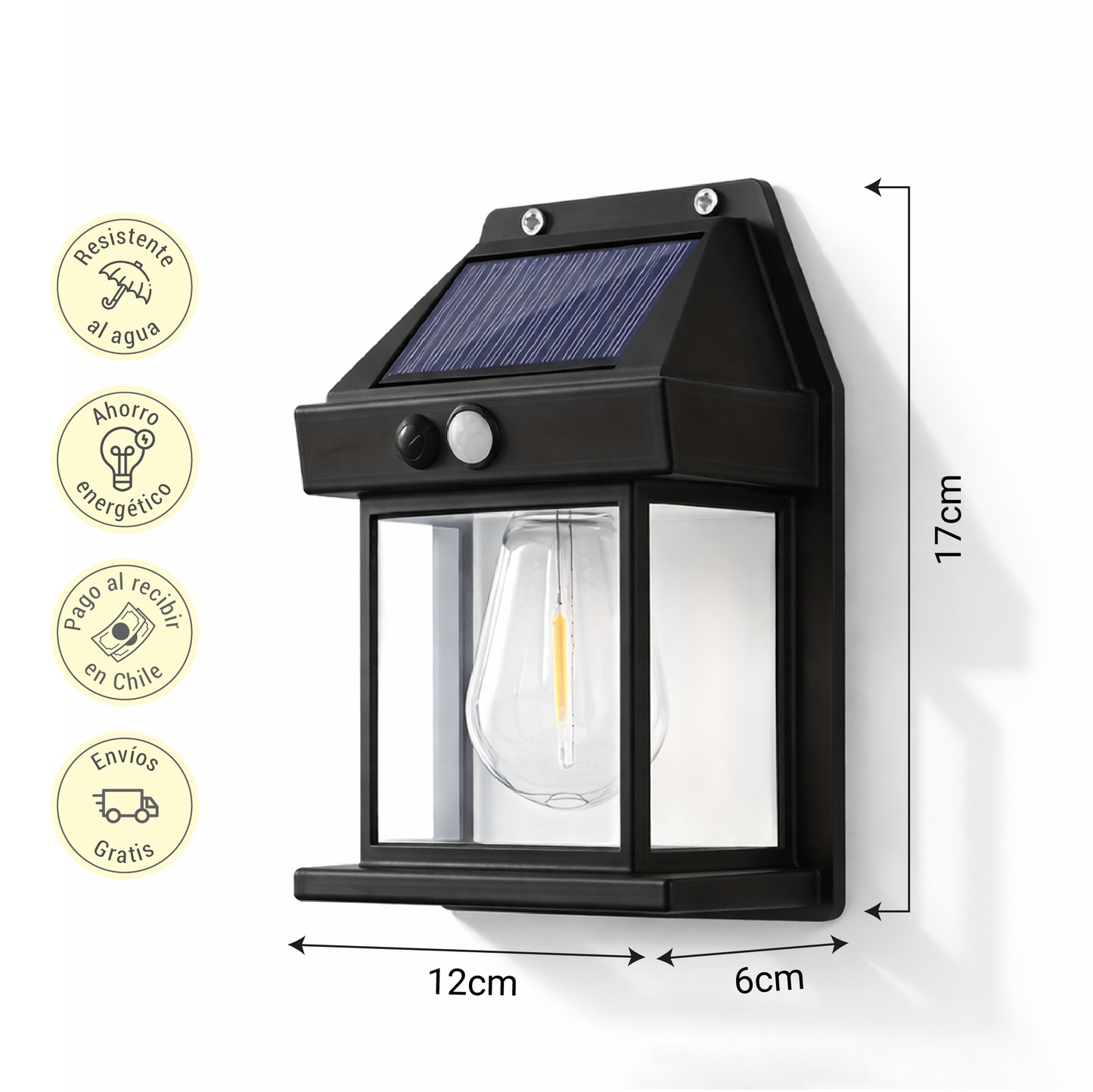 Lámpara Solar de Pared para Exterior - Ilumina tus espacios exteriores sin cables, sin gasto eléctrico y con energía solar.