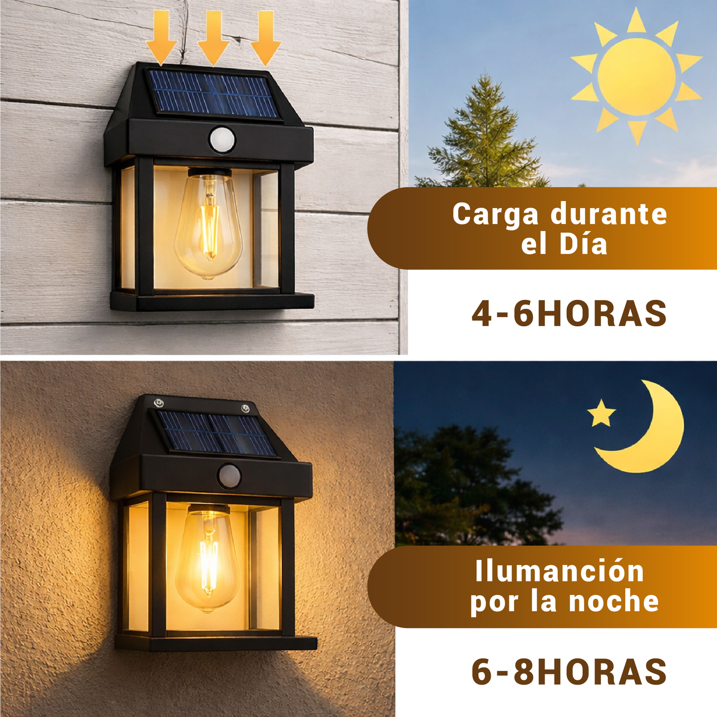 Lámpara Solar de Pared para Exterior - Ilumina tus espacios exteriores sin cables, sin gasto eléctrico y con energía solar.