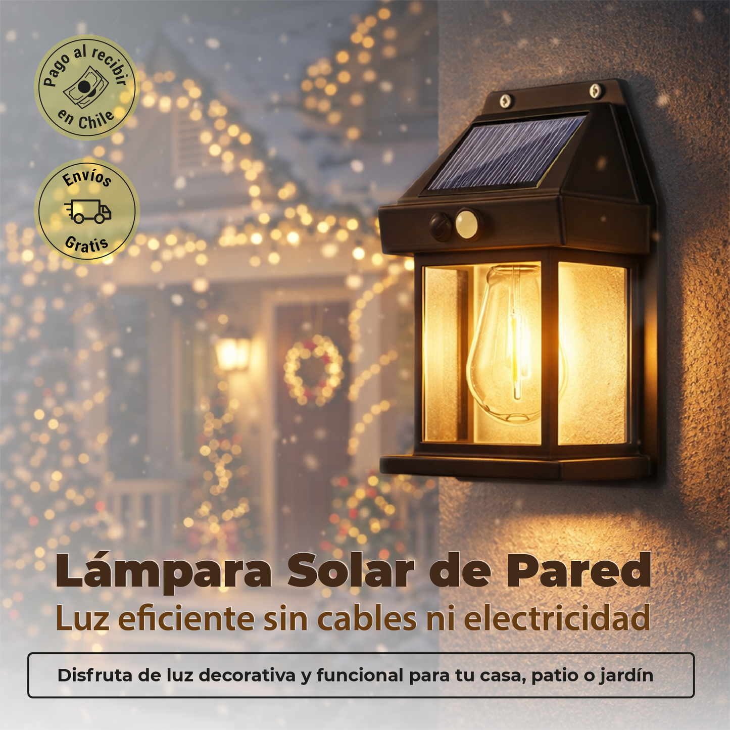 Lámpara Solar de Pared para Exterior - Ilumina tus espacios exteriores sin cables, sin gasto eléctrico y con energía solar.