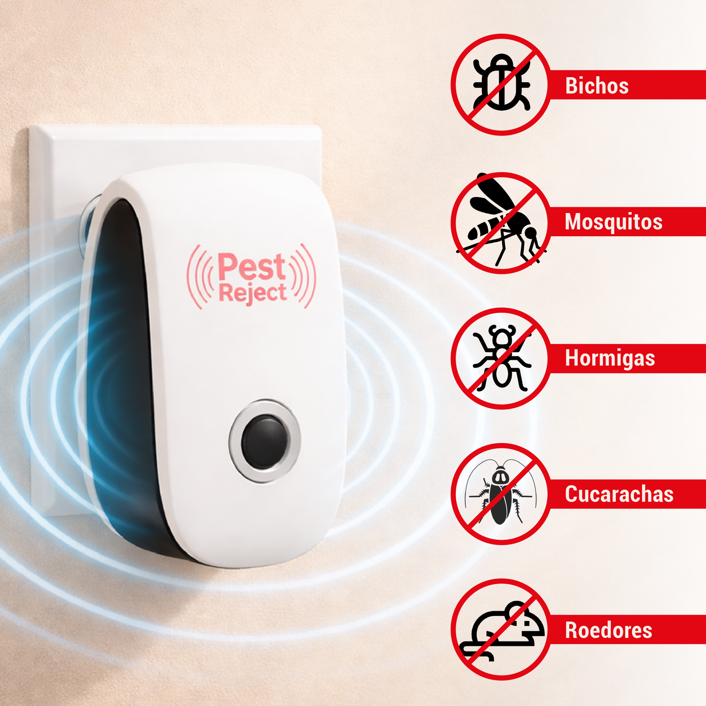 Repelente Electrónico de Plagas - Protección continua contra insectos y roedores sin químicos ni olores.