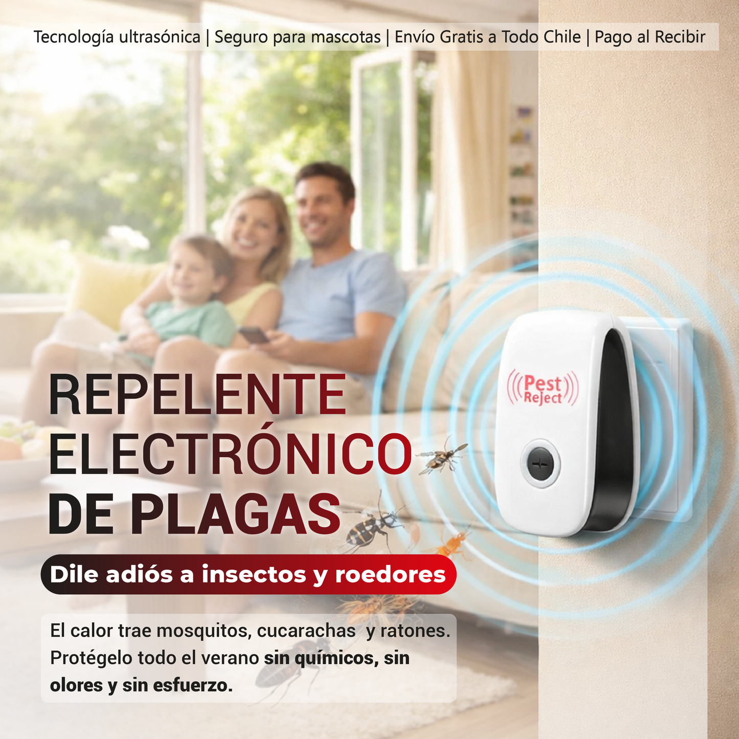 Repelente Electrónico de Plagas - Protección continua contra insectos y roedores sin químicos ni olores.