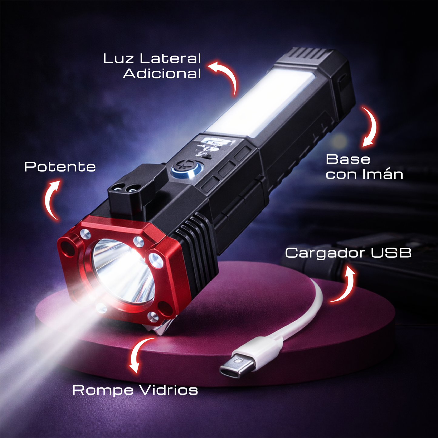 Linterna Multifuncional 4 en 1  Recargable - Iluminación potente y seguridad inmediata para cualquier situación.